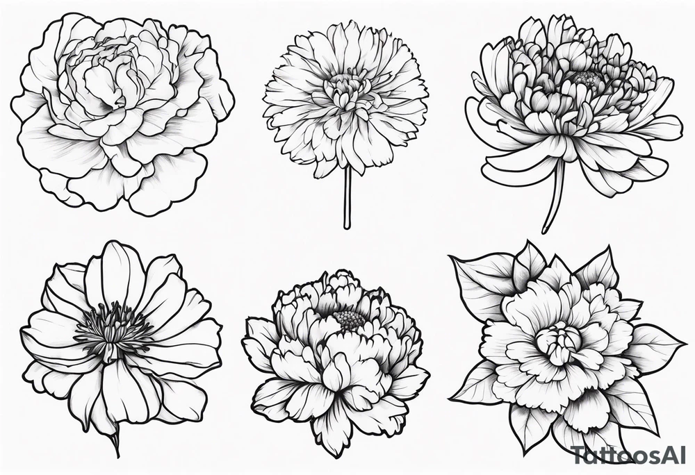 Bouquet with carnation, larkspur, chrysanthemum tattoo idea