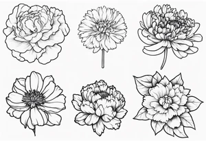 Bouquet with carnation, larkspur, chrysanthemum tattoo idea