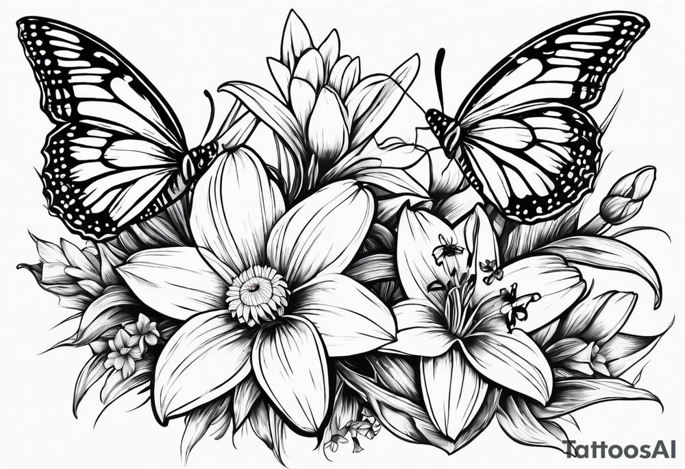 Wild flower of lily daisy and daffodil bouquet with butterfly 6-8 inches bi tattoo idea