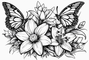 Wild flower of lily daisy and daffodil bouquet with butterfly 6-8 inches bi tattoo idea