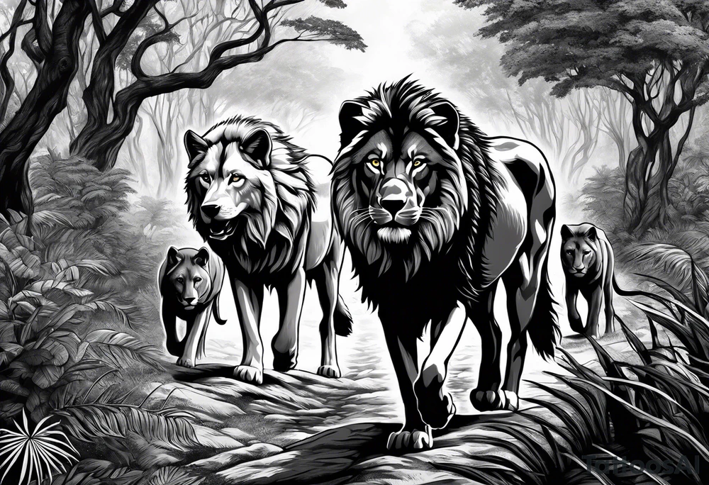 wolf pack and lion pack in the jungle far away walking towards a tree tattoo idea