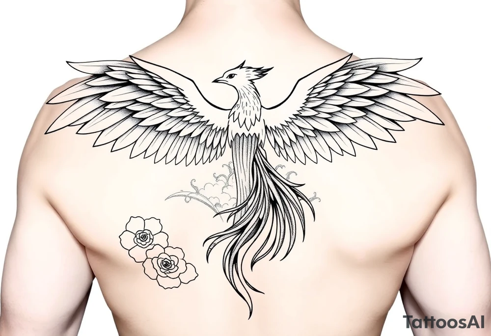 2. Phoenix Rising Over Water
	•	A phoenix (rebirth, power, transformation) spreading its wings over your shoulder.
	•	Behind it: a cascading waterfall to tie into your geisha back piece.
	•	The wings could subtly contain linework of roses and waves.
	•	On the chest side, the feathers could hide smaller symbols (like a bulldog pawprint, or a book page worked into the detail). tattoo idea