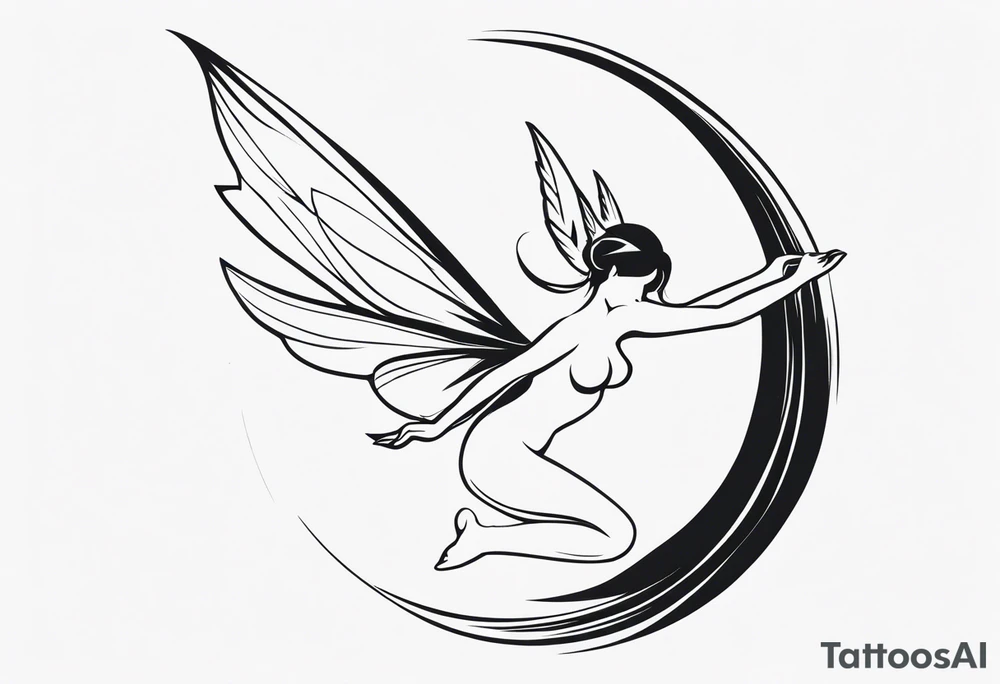 Minimalistic, monochromatic fairy with a tail flying to the left in a fetal position, leaning and looking in the same direction, with visible hands, embodying the 'Fairy Tail' logo aesthetic. tattoo idea