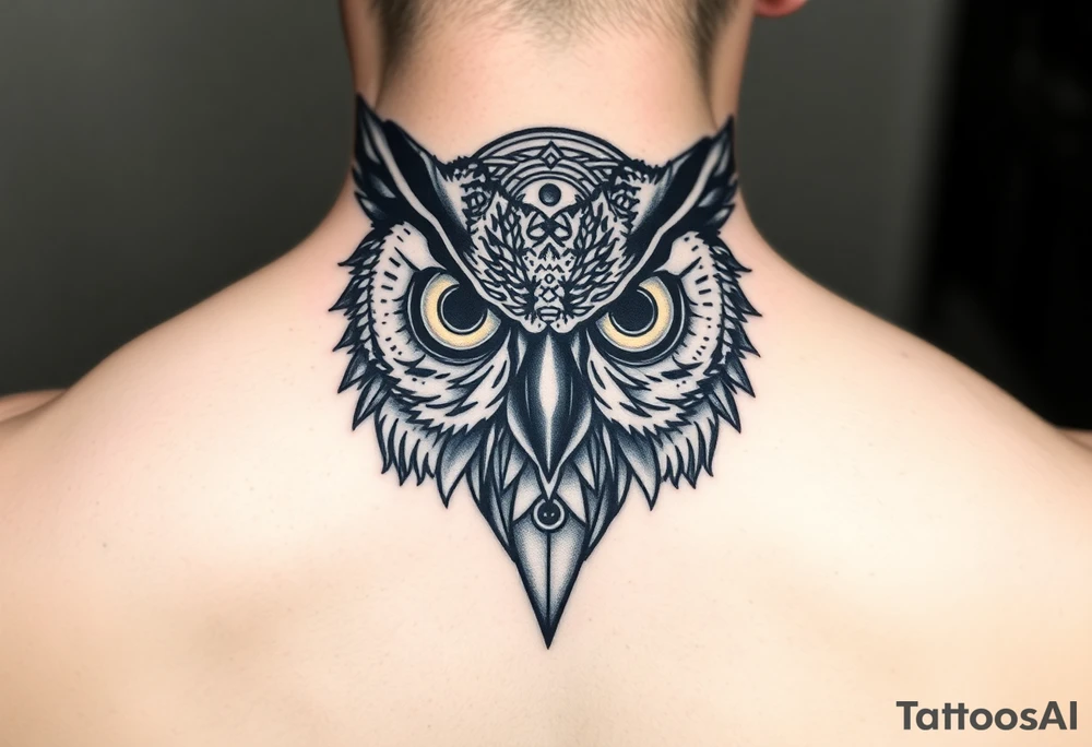 Owl head with large intense tripping on acid colored eyes without pupils, geometry style  and geometry and glowing circle on the forheadl tattoo idea
