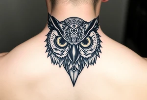 Owl head with large intense tripping on acid colored eyes without pupils, geometry style  and geometry and glowing circle on the forheadl tattoo idea