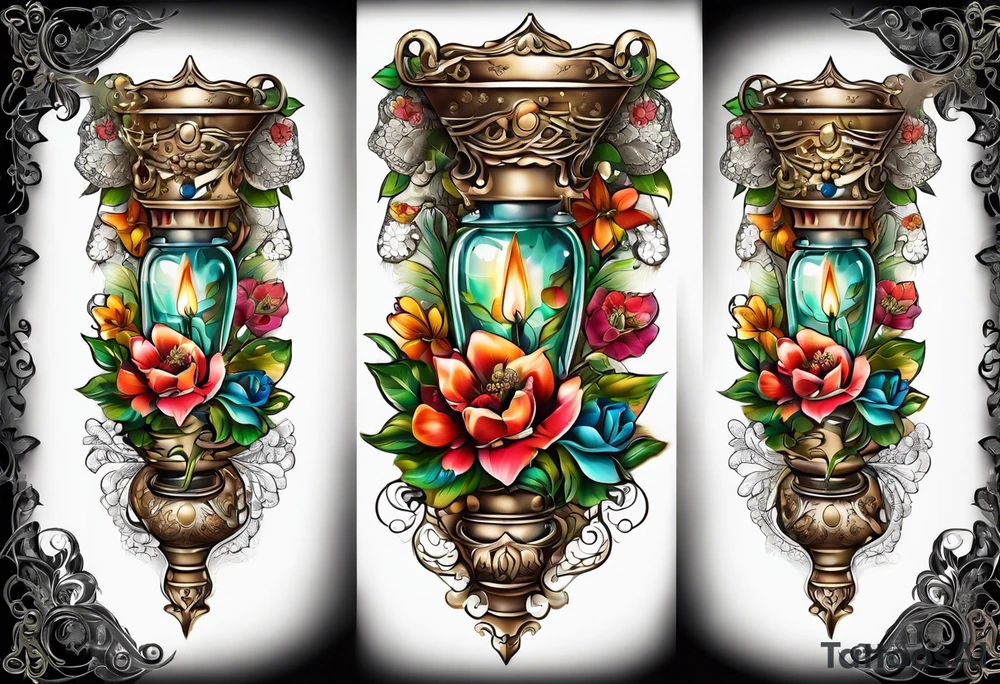 Floral leg piece with beading and lace tattoo idea. colorful, old school flowers, highly detailed, florals. white background. beautiful hourglass at the center, intricate highly detailed, tattoo idea