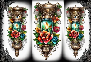 Floral leg piece with beading and lace tattoo idea. colorful, old school flowers, highly detailed, florals. white background. beautiful hourglass at the center, intricate highly detailed, tattoo idea