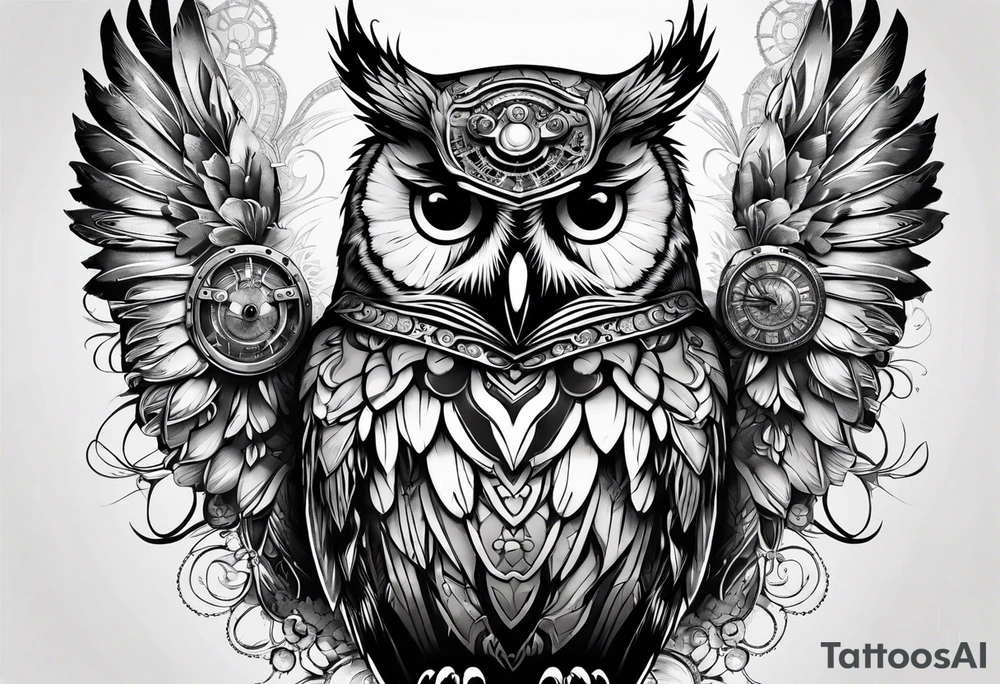 three headed owl in steampunk tattoo idea