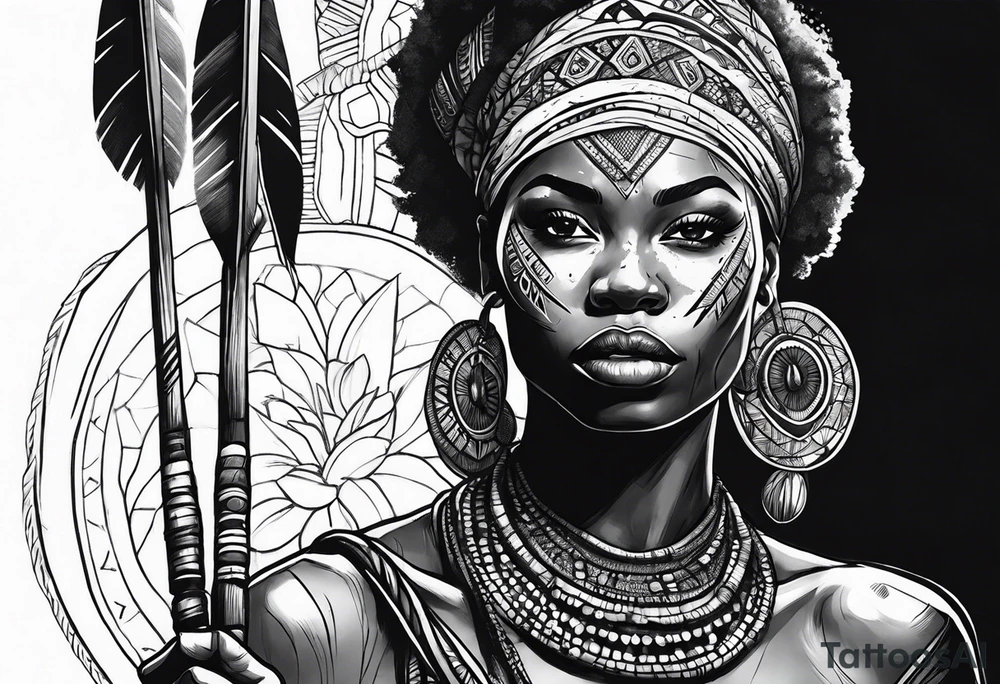 African woman warrior with tribe scars and spear in hand with animals in background tattoo idea