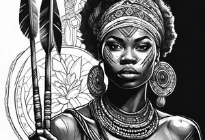 African woman warrior with tribe scars and spear in hand with animals in background tattoo idea