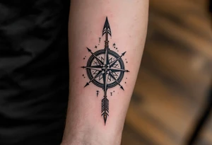 Rustic half compass with a long native American arrow pointing at my wrist with the words “True North” and says "Isaiah 40:31" tattoo idea