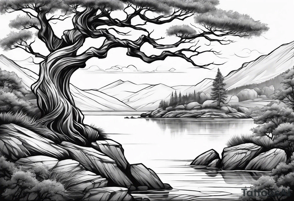 Sleeve tattoo windswept tree before lake with low rock face on another side of lake tattoo idea