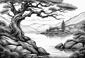 Sleeve tattoo windswept tree before lake with low rock face on another side of lake tattoo idea