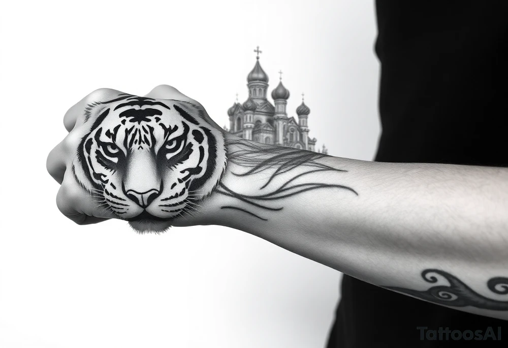 in a dorsal view of the hand and forearm a tiger face on the hand with black hollowed eyes, then above this a orthodox church shrouded with a mist and fading into a virgin mary overlooking tattoo idea