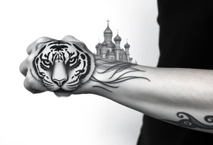 in a dorsal view of the hand and forearm a tiger face on the hand with black hollowed eyes, then above this a orthodox church shrouded with a mist and fading into a virgin mary overlooking tattoo idea