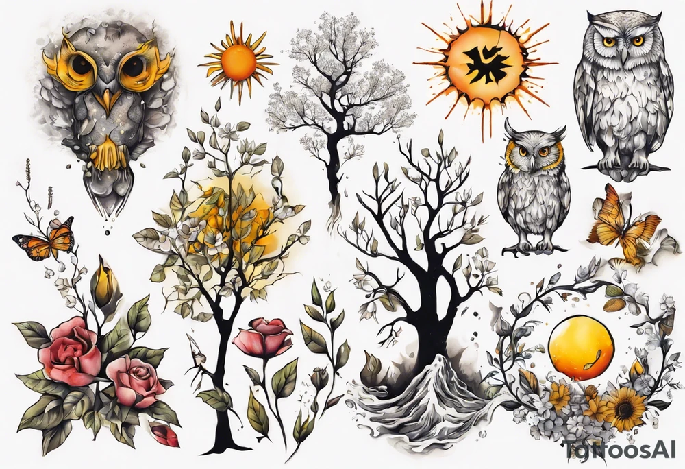 wasser, sonne, eule  wald, 
blume des lebens, 
baum, berlin tattoo idea