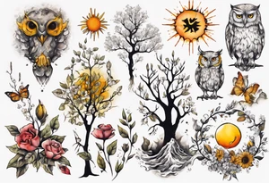 wasser, sonne, eule  wald, 
blume des lebens, 
baum, berlin tattoo idea