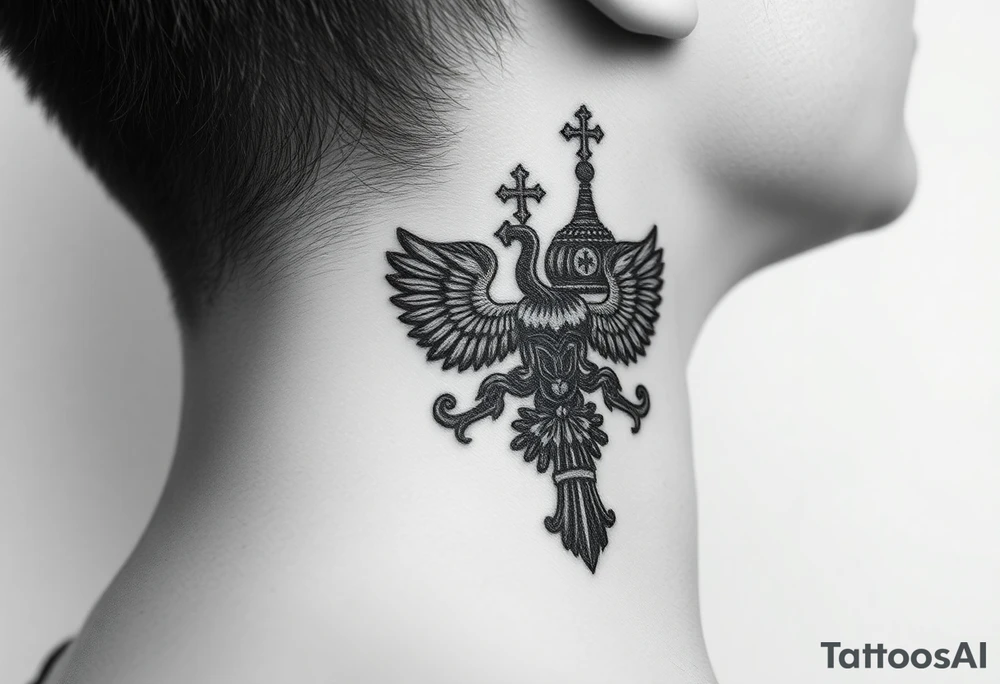 russian coat arms in a russian christian orthodox style virgin mary & orthodox dome church on the side of the neck tattoo idea