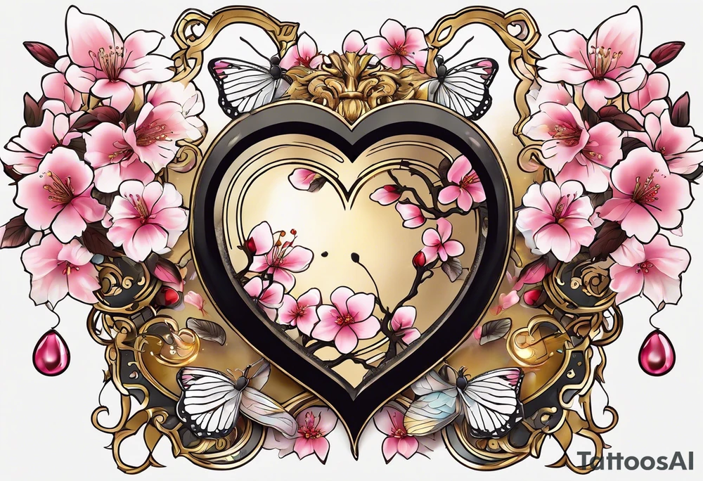 Cherry Blossom Tattoo with a key that unlocks a heart surrounded by white butterflies and in a golden aura tattoo idea