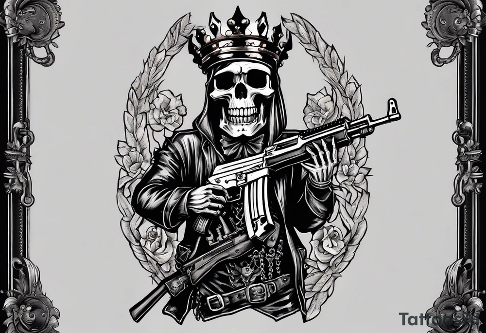 image of a skeleton standing frontally with a crown on his head, holding an AK-47 on his shoulder with his right hand. The chain on the left should be taut, there are three angry barking Dobermans in it, near the waist tattoo idea