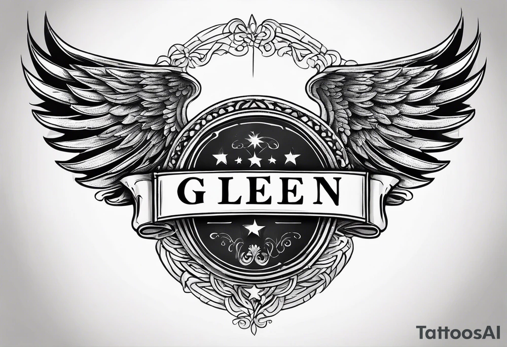 A simple tattoo with the word Glenn on a banner with angel Wings tattoo idea