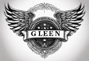 A simple tattoo with the word Glenn on a banner with angel Wings tattoo idea