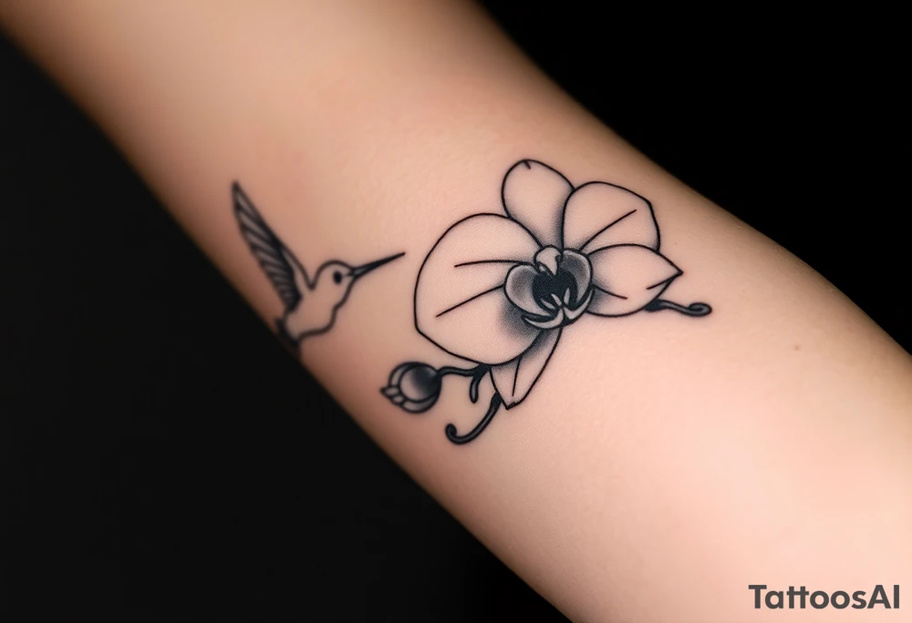 A delicate, black and white fine-line tattoo for male, featuring gracefully detailed 2 orchids in full bloom including their stems, with soft, intricate petals and elegant curves. Beside it, a hummingbird hovers mid-flight, its wings drawn with subtle motion lines, its slender beak reaching toward the orchid’s center to drink its nectar. on the other flower there is a bee that is resting tattoo idea