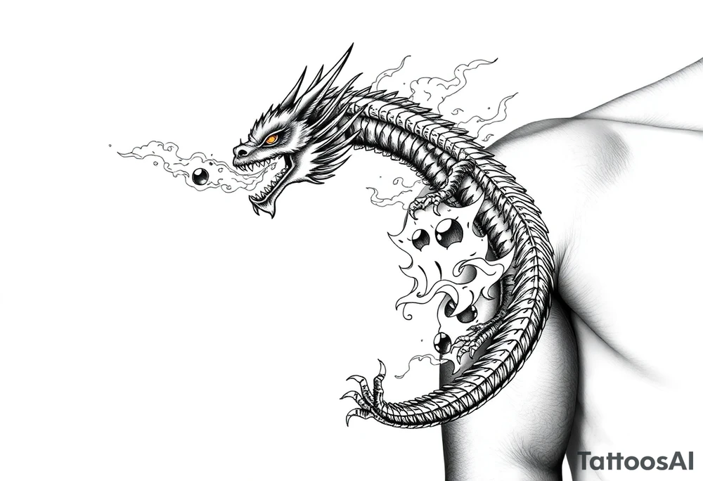 fierce dragon breathing iridescent fire against stormy skies tattoo idea