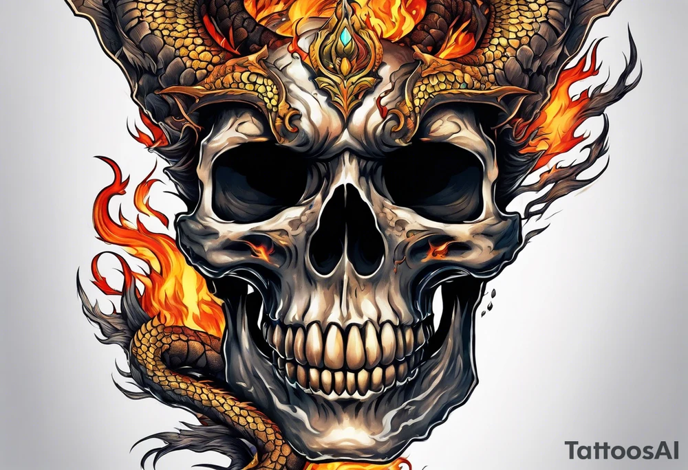 Flying fiery skull with encircling dragon tattoo idea