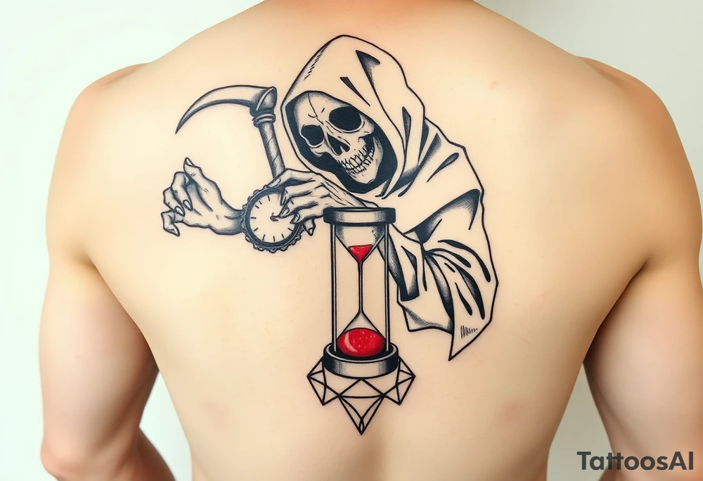 Simple grim reaper looking at a watch on his wrist with a hourglass with red sand and diamond geometric shapes for the thigh tattoo idea
