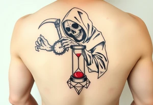 Simple grim reaper looking at a watch on his wrist with a hourglass with red sand and diamond geometric shapes for the thigh tattoo idea