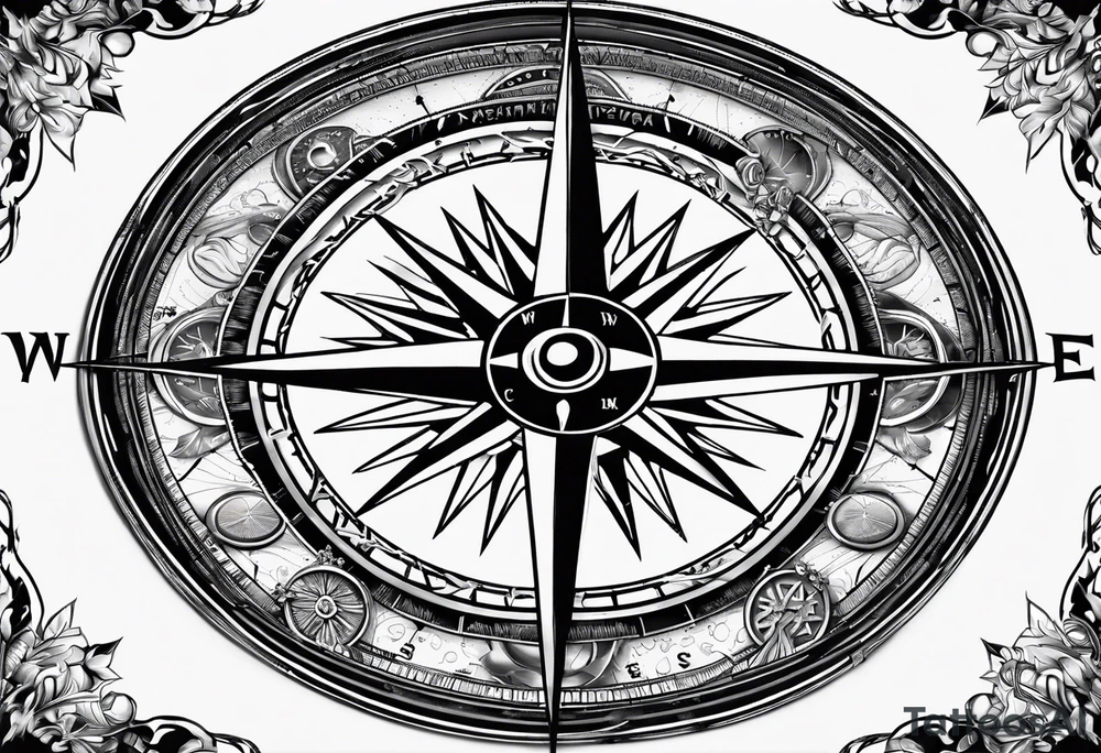 Nautical compass with New Zealand map outline behind it and southern cross tattoo idea