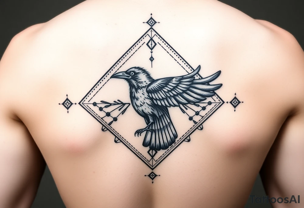 Diamond Geometric design with dotted lines and other designs with big crow extended in the center with dark shading for forearm tattoo idea