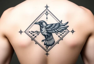 Diamond Geometric design with dotted lines and other designs with big crow extended in the center with dark shading for forearm tattoo idea