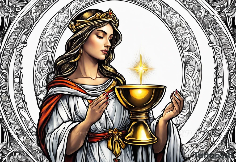 holy saint woman turned away with golden halo holding a chalice tattoo idea