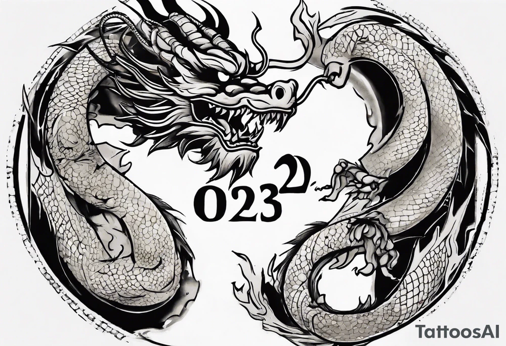 Chinese dragon in a circular shape with "02.03" written on its skin tattoo idea