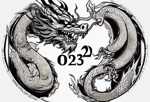 Chinese dragon in a circular shape with "02.03" written on its skin tattoo idea