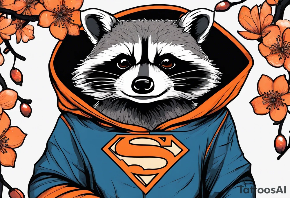 raccoon wearing a black and white Superman hoodie and orange Japanese cherry blossoms tattoo idea