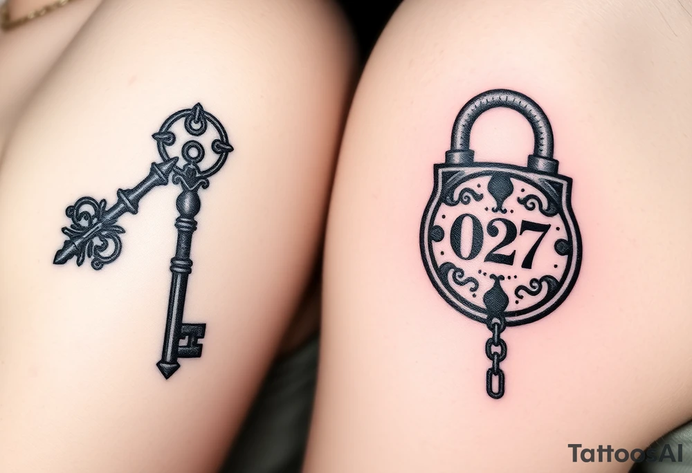 Matching/ connecting tattoos:
Your Tattoo (Key): A skeleton key with an ornate, gothic-style handle. To include your date, the numbers "0727" could be subtly incorporated into the key's teeth. The key design could also feature a small, hidden "J".
His Tattoo (Lock): A heavy, antique-style padlock with intricate etchings. The date "0727" could be carved into the lock's face, with a hidden "T" worked into the metal detail or shadow. A chain could dangle from the lock.
Connecting Element: The key is designed to perfectly fit the lock, symbolizing that you are a perfect match. The key can be placed on your arm, and the lock on his, so that when you link arms, the tattoos come together. tattoo idea