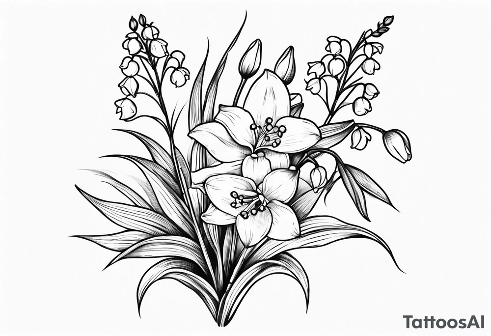 Small lily of the valley flower, small larkspur flower, small narcissus flower tattoo idea