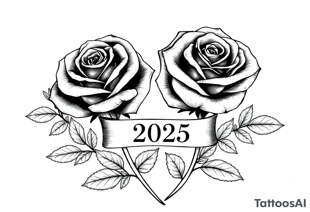 two beautiful large rose buds, one larger than the other, with lots and lots of leaves next to the rose buds, with one sitting slightly higher than the other, side-by-side.  Include a banner connecting the two roses with the year 2025 on it.   Use dark outlines with little shading. Remove all stems from the roses. tattoo idea