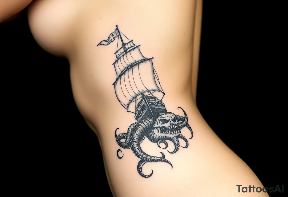 Vertical female side and hip tattoo pirate ship getting sunk by the kraken tattoo idea