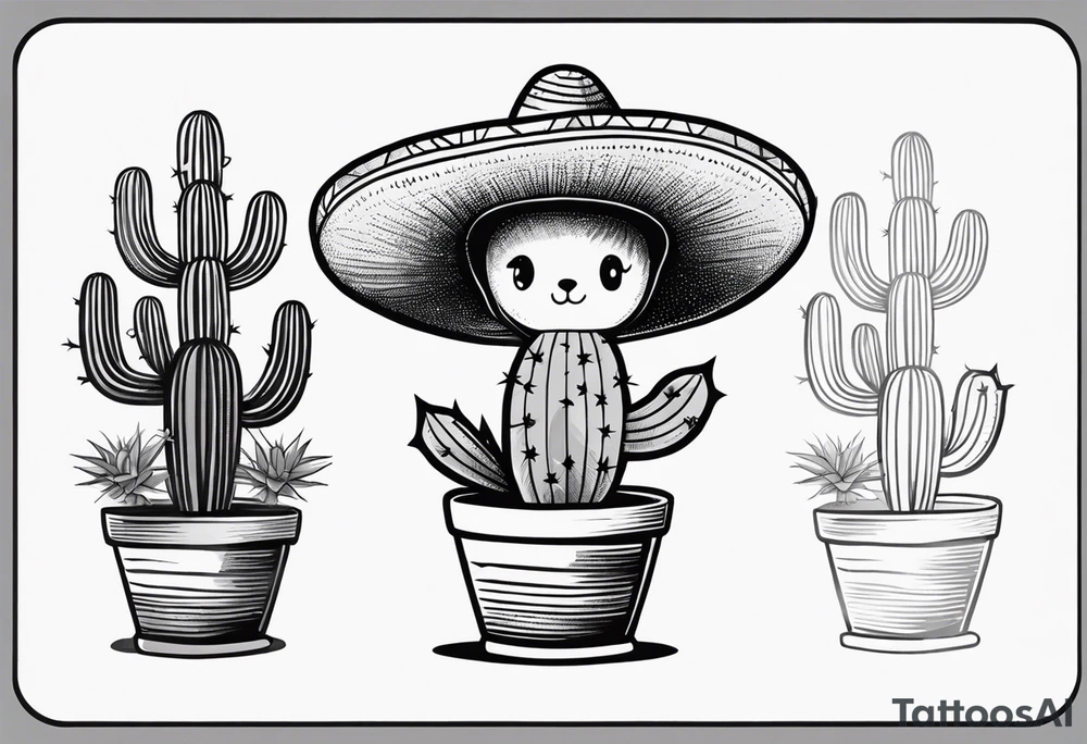 Cactus wearing a sombrero black and grey tattoo idea
