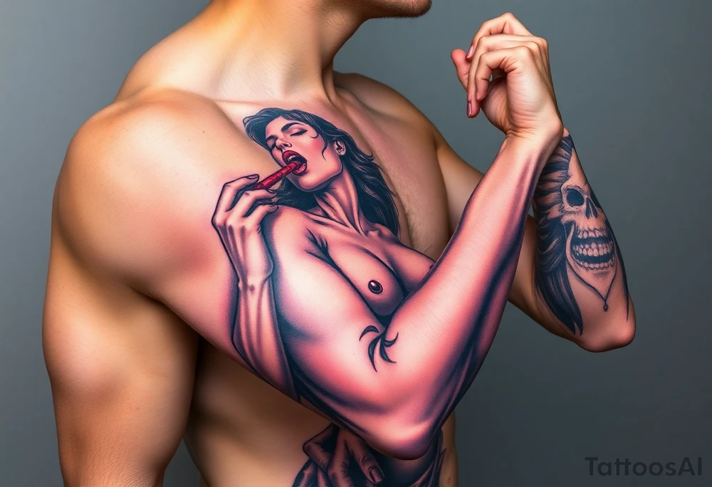 naked woman giving a blowjob tattoo idea
