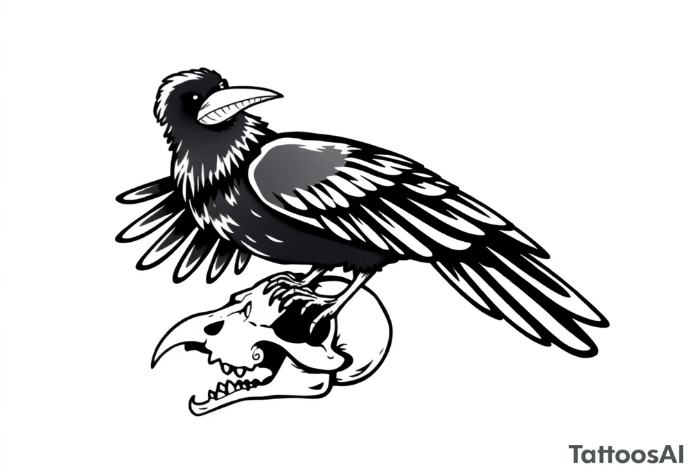Crow with mushroom in its beak, standing on an animal skull tattoo idea