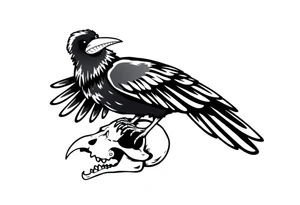 Crow with mushroom in its beak, standing on an animal skull tattoo idea