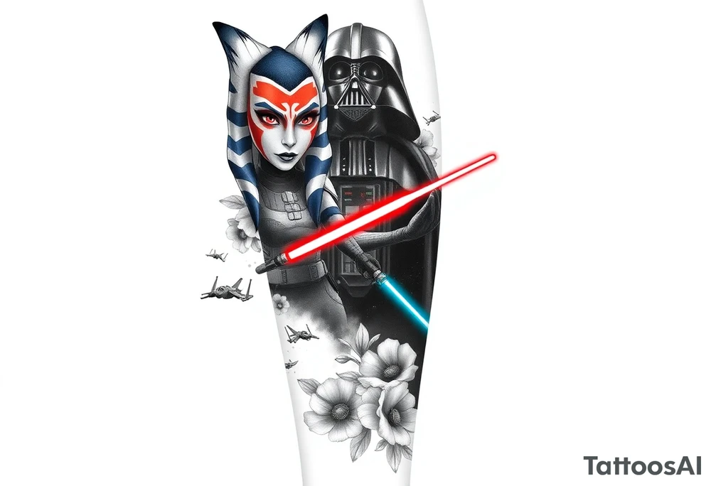Leg sleeve with

•	Ahsoka Tano front and center
	•	Captain Rex below her
	•	TIE Fighters in motion
	•	Darth Vader looming in the background
	•	Subtle use of red/orange lighting and Clone Wars-era visuals
	•	Some floral framing around the lower leg

To complete or expand this sleeve with Ahsoka vs. Vader, I can generate mockups that incorporate:
	•	A lightsaber duel between Ahsoka and Vader (from Star Wars Rebels, Season 2 finale)
	•	Dramatic red and blue lighting to contrast their sabers
	•	A split-helmet Vader scene to symbolize the emotional conflict
	•	More depth on the thigh if you want to blend the duel into the existing tattoo tattoo idea