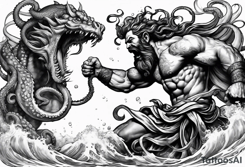 Poseidon battling octopus monster tattoo idea