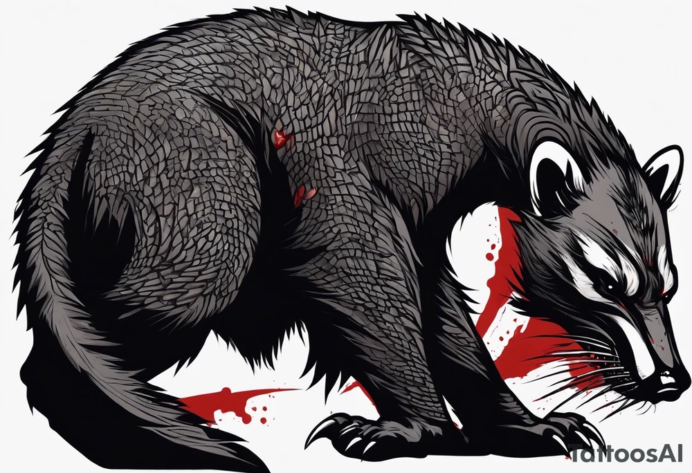Draw me psychopath Honey Badger/Berserker with aggressive full body, killer face with a scary smile, very long nails and he attacks like a Bloody Assassin/Warrior/Gladiator to us and also, he has very deadly looking. He fights with his nails only. Everybody scares after their first sight. Give me horror type Badger Tattoo. I want to see his Realistic full body with no weapons. You can show destruction at the back. tattoo idea