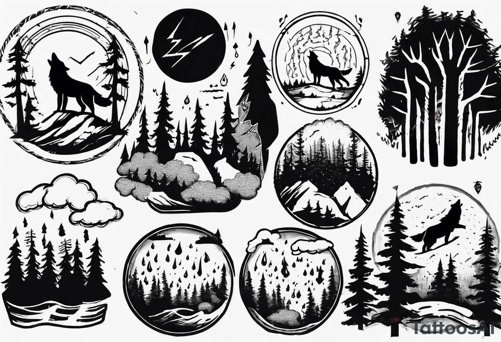 thunderstorm over a forest with a wolf howling on drums tattoo idea thunderstorm over a forest with a wolf howling on drums tattoo idea